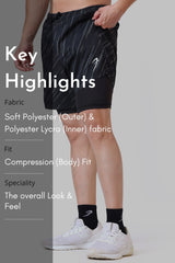 2 in 1 Printed Compression Shorts Black